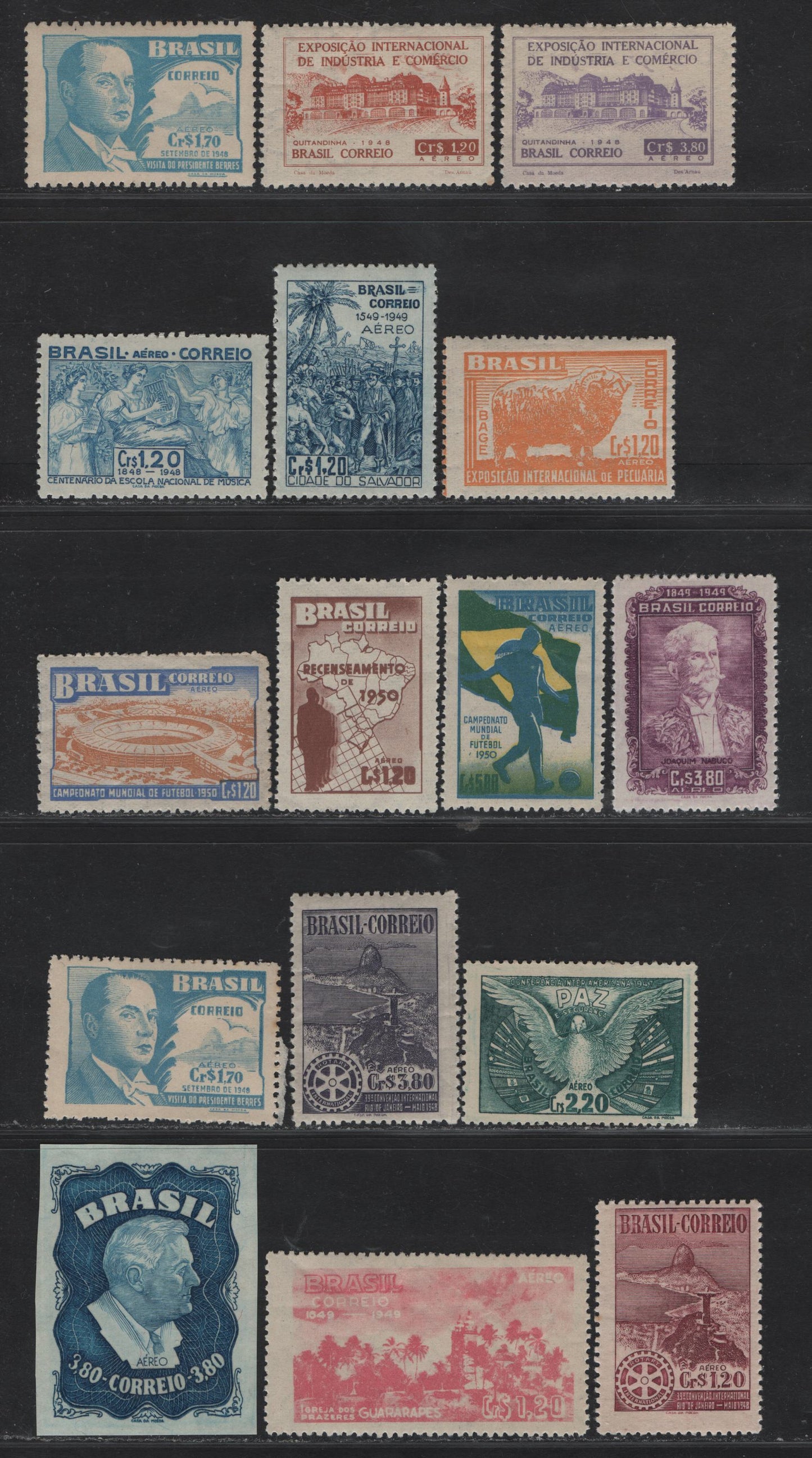 Lot 308 Brazil SG#C64, C67-C72, C75-C80 2.20cr - 1.20cr Dark Blue Green - Red Brown Dove & Flags of American Republics - Symbolical Of Brazilian Pop. Growth, 1947-1950 Airmail Issues, 15 VFOG Singles