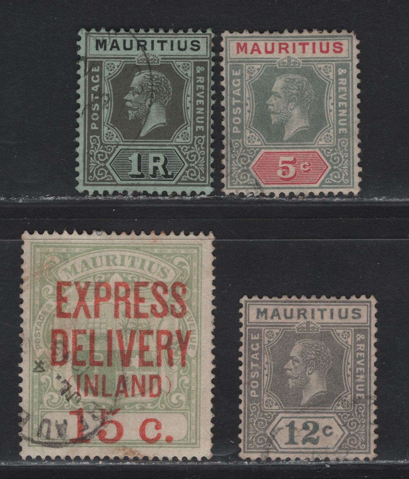 Lot 318 Mauritius (C) SG#185, 188, 192, E6 5c - 15c Gray & Carmine - Green King George V - Special Delivery, 1904-1913 Special Delivery - KGV Keyplate Issues, 4 Fine/Very Fine Used Singles, Multiple Crown CA Wmk
