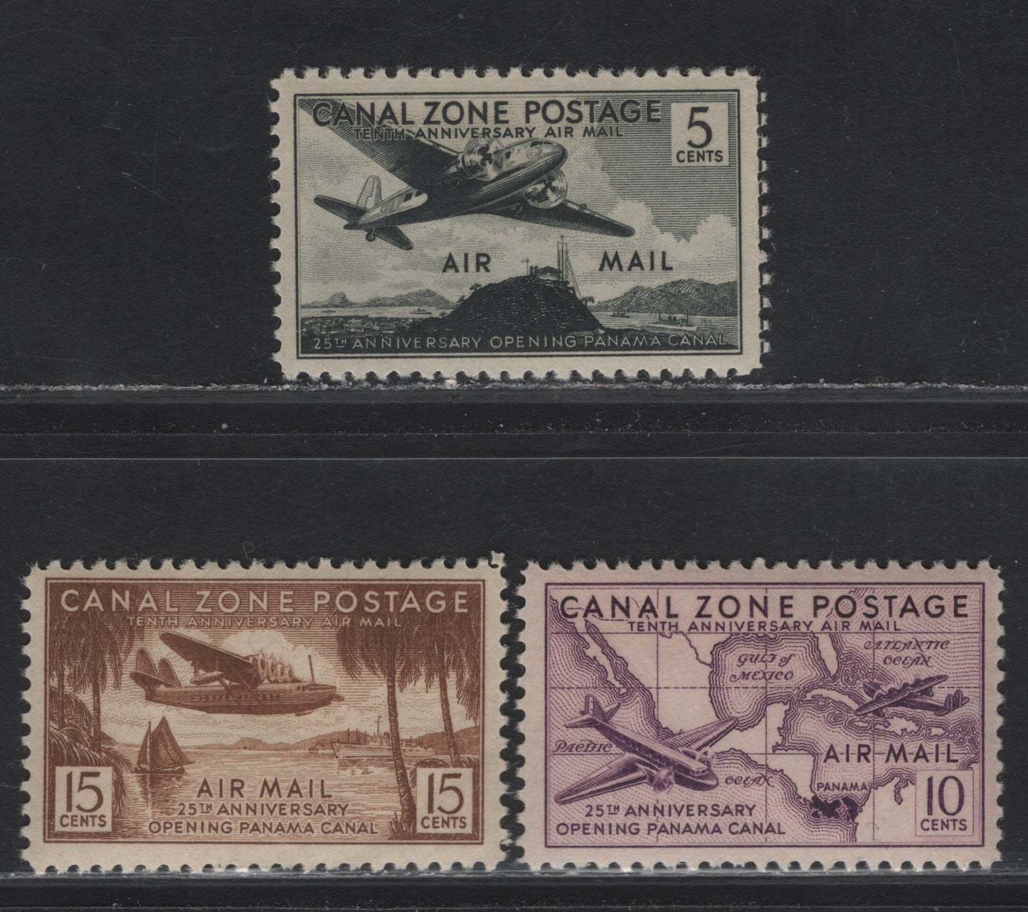 Lot 329 Canal Zone SC#C15-C17 5c - 15c Greenish Black - Light Brown Airplanes, 1939 Airmail Issue, 3 VFNH Singles