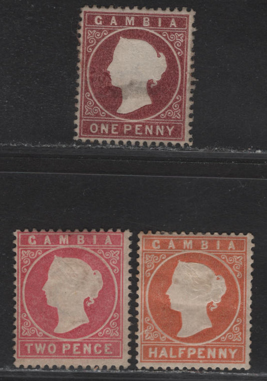 Lot 33 (C) Gambia SG#11B, 12B, 13B 1/2d, 1d, 2d Dull Orange, Maroon, Pale Rose Queen Victoria, 1880-1881 Queen Victoria Embossed Cameo Issue, 3 FOG/F/VF Unused Singles, Upright Crown CC Wmk