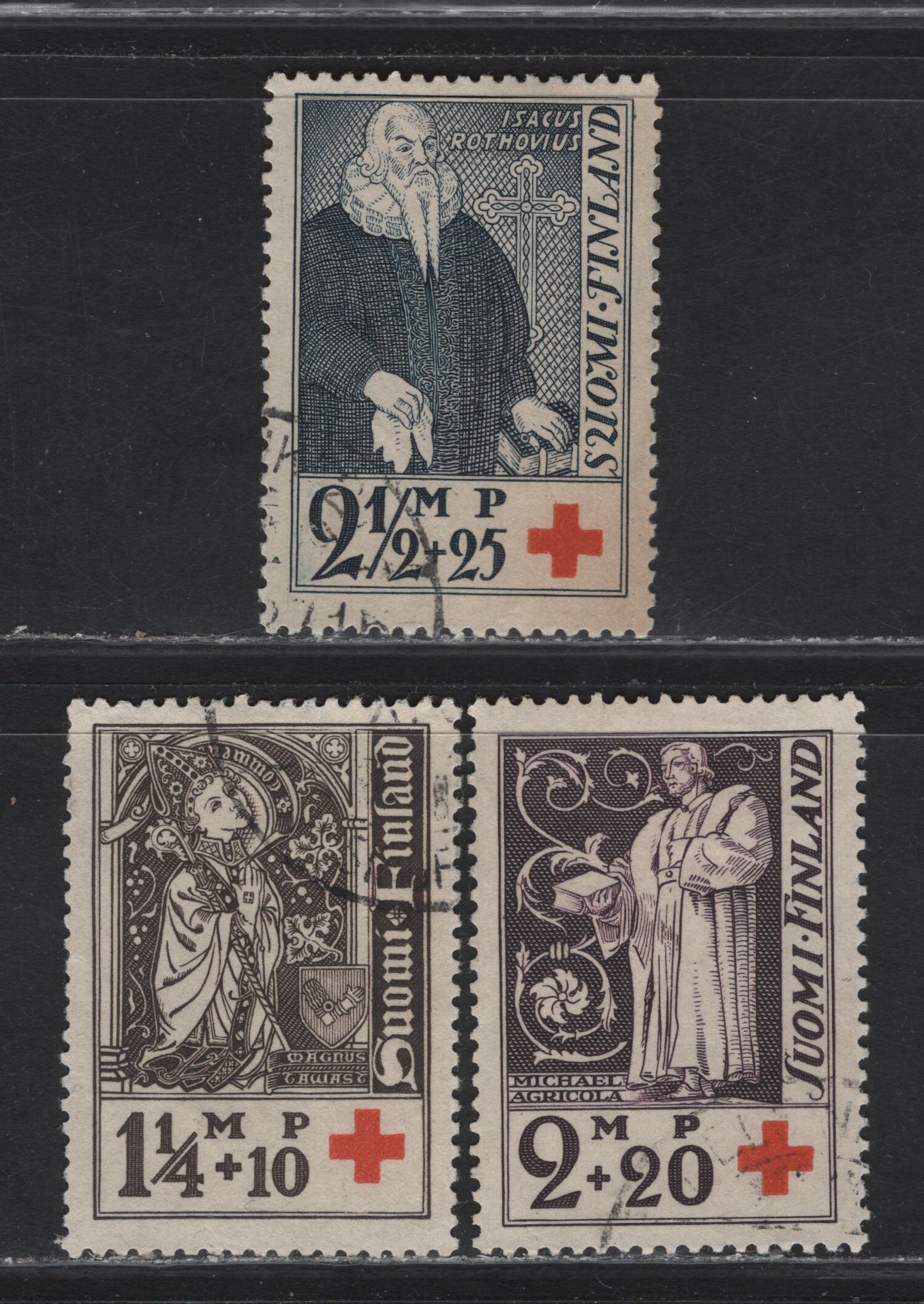 Lot 339 Finland (C) SC#B12-B14 1.25m+10p - 2.5m+25p Black Brown & Red -Indigo & Red Bishop Magnus Tawast - Michael Agricola, 1933 Semi Postal Issue, 3 Fine/Very Fine Used Singles, Corner Cancels May Be CTO