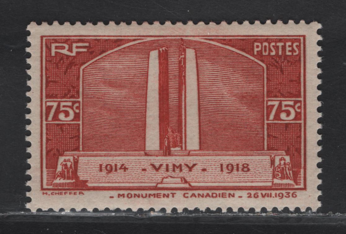 Lot 346 France (C) SC#311 75c Henna Brown Vimy Ridge War Memorial, 1936 Vimy Ridge War Memorial Issue, A VFNH Single