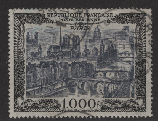 Lot 348 France (C) SC#C27 1000fr Sepia & Black on Bluish Reconstruction, 1949-1950 Reconstruction Airmail Issue, A Very Fine Used Single