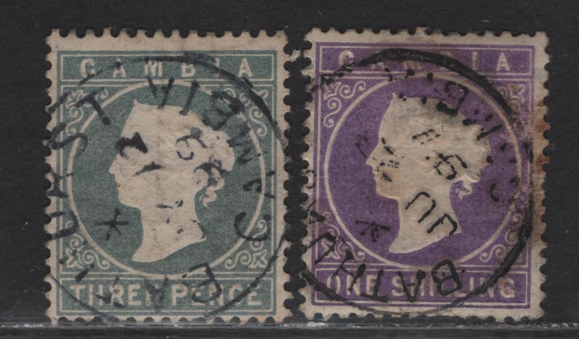 Lot 35 (C) Gambia SG#29, 35 3d - 1/- Gray - Violet Queen Victoria, 1886-1893 Queen Victoria Embossed Cameo Issue, 2 Fine Used Singles, Crown CA Wmk