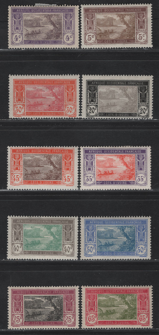 Lot 360 Ivory Coast SC#44, 46, 51, 55, 58a, 60, 63, 59, 66, 69 4c - 85c Violet & Violet Brown - Red Violet & Black River Scene, 1913-1935 River Scene Keyplate Issue, 10 F/VFOG Singles
