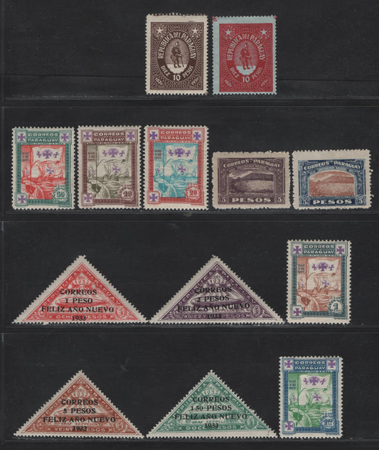 Lot 372 Paraguay SC#313-314, 249, 250, 326-334 5p - 1.5p Dark Violet - Multicolored Rendevouz of Conspirators - Flag of the Rae, 1922-1933 Rendevouz of Conspirators - Flag of the Rae Issues, 13 F/VFOG Singles