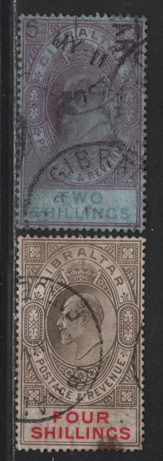 Lot 38 (C) Gibraltar SG#72-73 2/- - 4/- Purple & Bright Blue on Blue - Gray Black & Carmine King Edward VII, 1906-1911 King Edward VII Issue, 2 Fine Used Singles, Multiple Crown CA Wmk, High Values With Slight Faults