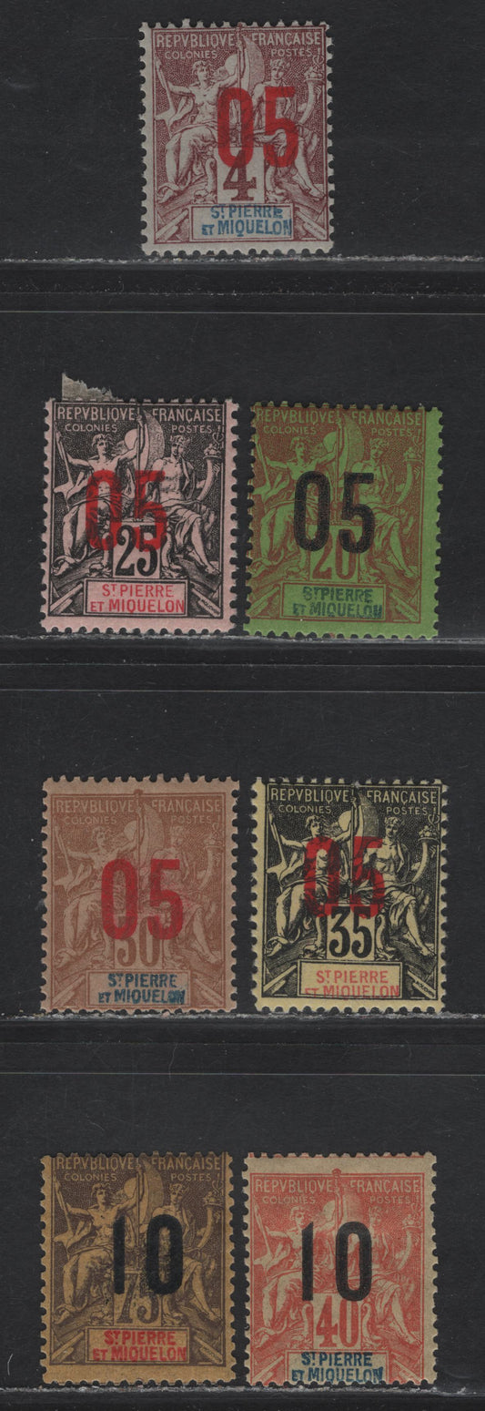 Lot 381 St. Pierre & Miquelon (C) SC#111, 113-117, 119 5c on 4c - 10c on 75c Claret on Lavender - Deep Violet on Orange , 1912 Surcharge Issue, 7 FOG Singles