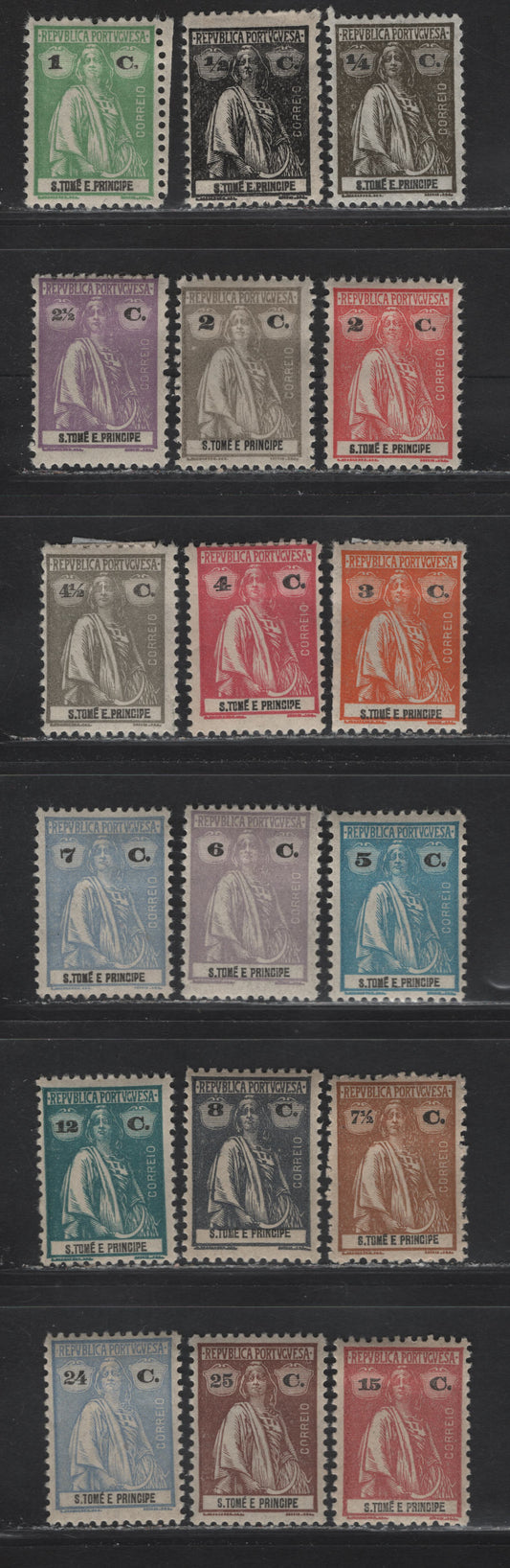 Lot 386 St Thomas & Prince SC#214-216, 218-228, 230-231, 233-A 1/4c - 25c Olive Brown - Chocolate Ceres, 1922-1926 Ceres Issue, 18 F/VFOG Singles, Ordinary Paper, perf 12x11.5