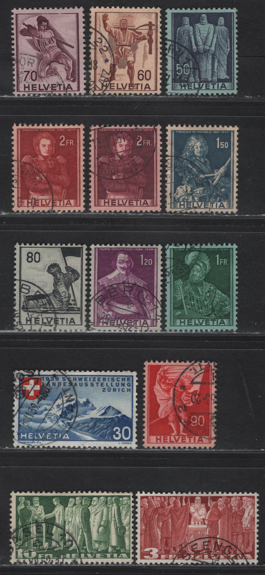 Lot 387 Switzerland SC#252, 270-278a, 284, 286 30c - 10fr Deep Blue & Red - Green National Exposition - Citizens Voting, 1939-1955 National Exposition - High Value Definitive Issues, 13 Very Fine Used Singles