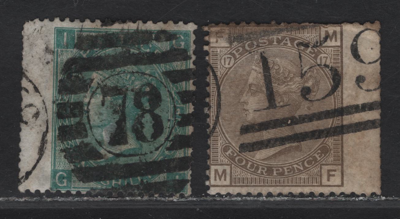 Lot 40 (C) Great Britain SG#101wi, 154 1/- - 4d Green - Gray Brown, 1865-1880 Queen Victoria Surface Printed Issue, 2 Fair Used Singles, Inverted Emblems Wmk & Plate 17 Large Garter Wmk, Large White Letters & Large Colored Letters With Faults