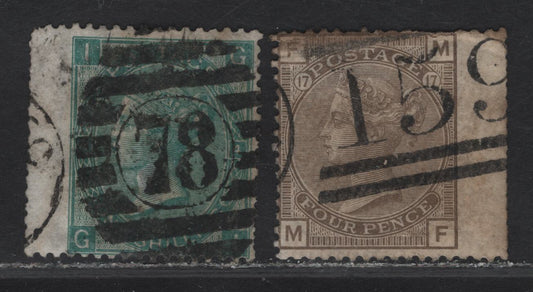 Lot 40 (C) Great Britain SG#101wi, 154 1/- - 4d Green - Gray Brown, 1865-1880 Queen Victoria Surface Printed Issue, 2 Fair Used Singles, Inverted Emblems Wmk & Plate 17 Large Garter Wmk, Large White Letters & Large Colored Letters With Faults