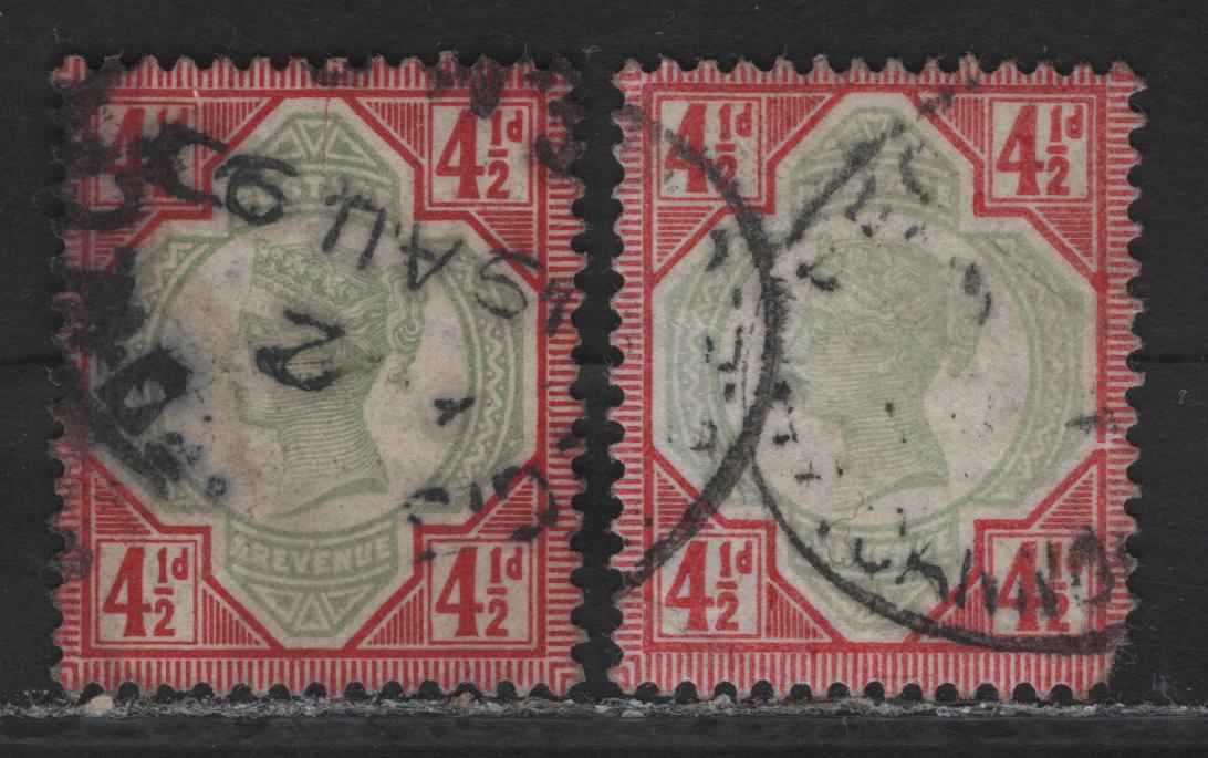 Lot 44 (C) Great Britain SG#206, 206var 4.5d Green & Carmine Queen Victoria, 1887 Jubilee Issue, 2 Very Good/Fine Used Singles, One Showing Prominent Frame Break At LR