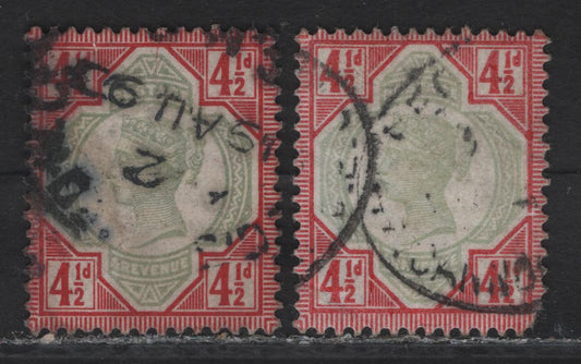Lot 44 (C) Great Britain SG#206, 206var 4.5d Green & Carmine Queen Victoria, 1887 Jubilee Issue, 2 Very Good/Fine Used Singles, One Showing Prominent Frame Break At LR