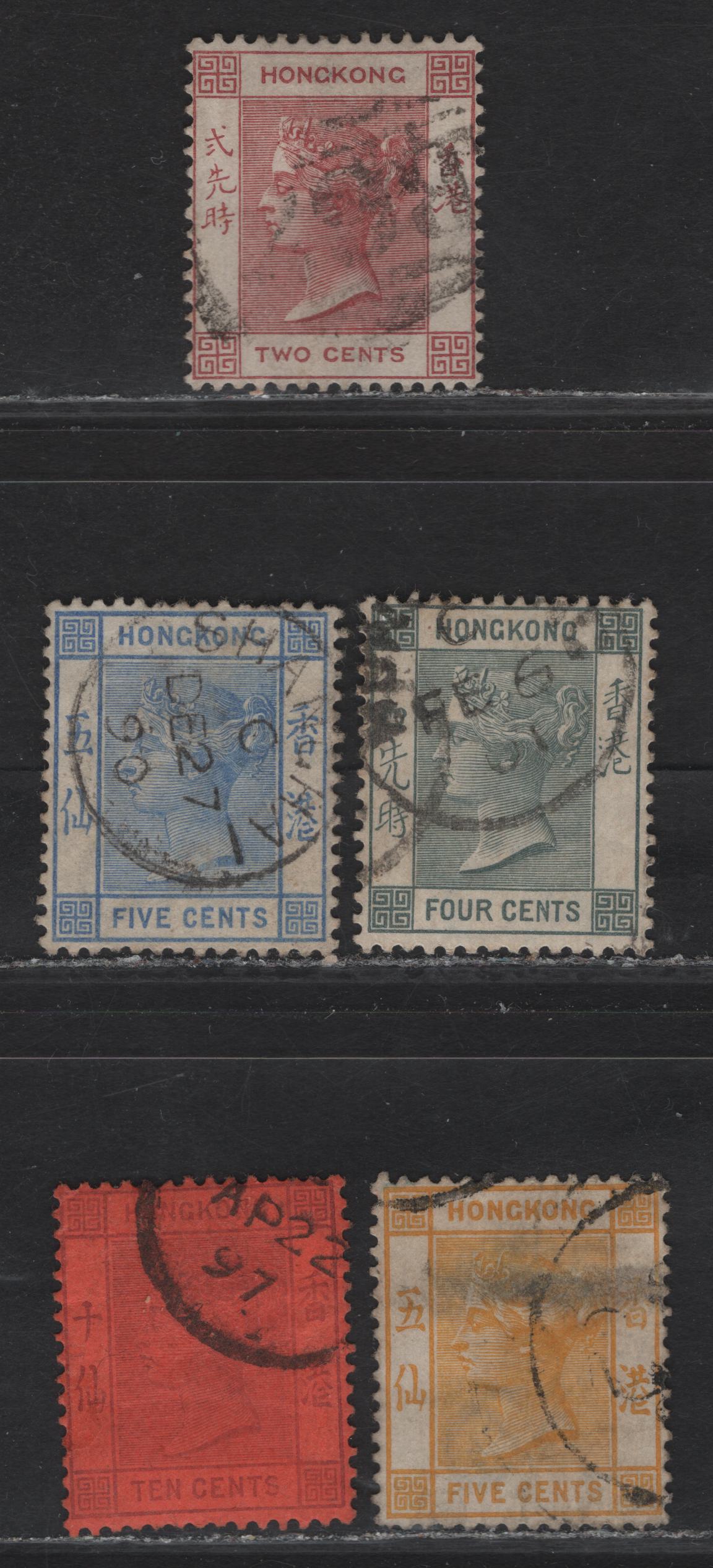 (C) Hong Kong SG#Z728, 32, 34, 38, 58 2c - 10c Rose-Lake - Purple on Red Queen Victoria, 1882-1901 Queen Victoria Issue, 5 Fine/Very Fine Used Singles, Crown CA Wmk