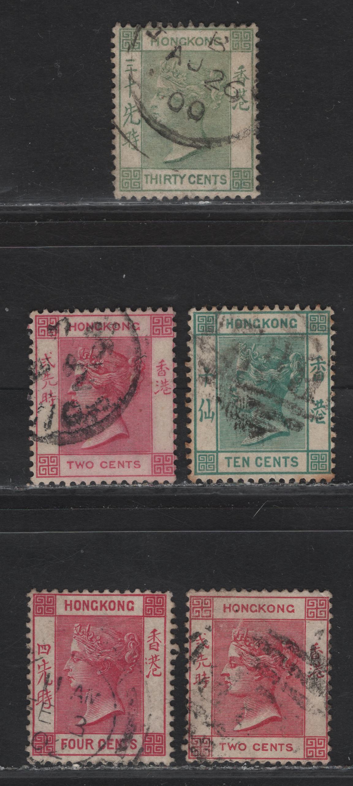 Lot 55 (C) Hong Kong SG#33-a, 37, 39, 57 2c - 30c Carmine - Gray Green Queen Victoria, 1882-1901 Queen Victoria Issue, 5 Very Good/Fine Used Singles