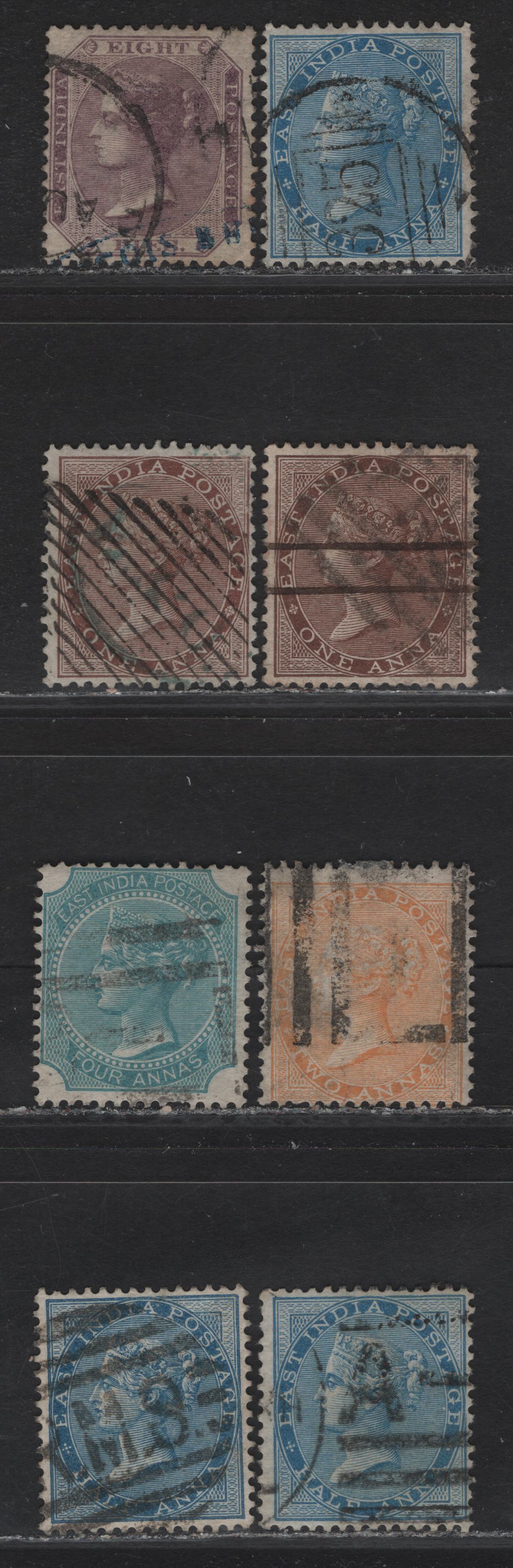 Lot 63 (C) India SG#54-56, 58-59, 61, 69, 75, 77, 81 1/2a - 6a Blue - Pale Brown Queen Victoria, 1856-1864 Queen Victoria Keyplates Issue, 10 Good - Very Fine Used Singles, Elephants Head Wmks