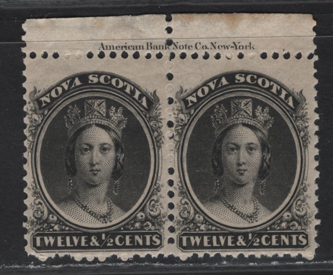 Lot 65 Nova Scotia #13 12.5c Black Queen Victoria, 1860-1863 Queen Victoria Issue, A VFNH Inscription Pair, Perf 12x11.75, Paper Cents-G