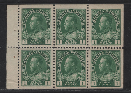 Lot 75 (C) Canada  #104f 1c Deep Bright Yellowish Green King George V, 1911-1925 Admiral Issue, A VFOG Booklet Pane Of 6, Paper ABN-B, Perf 11.9