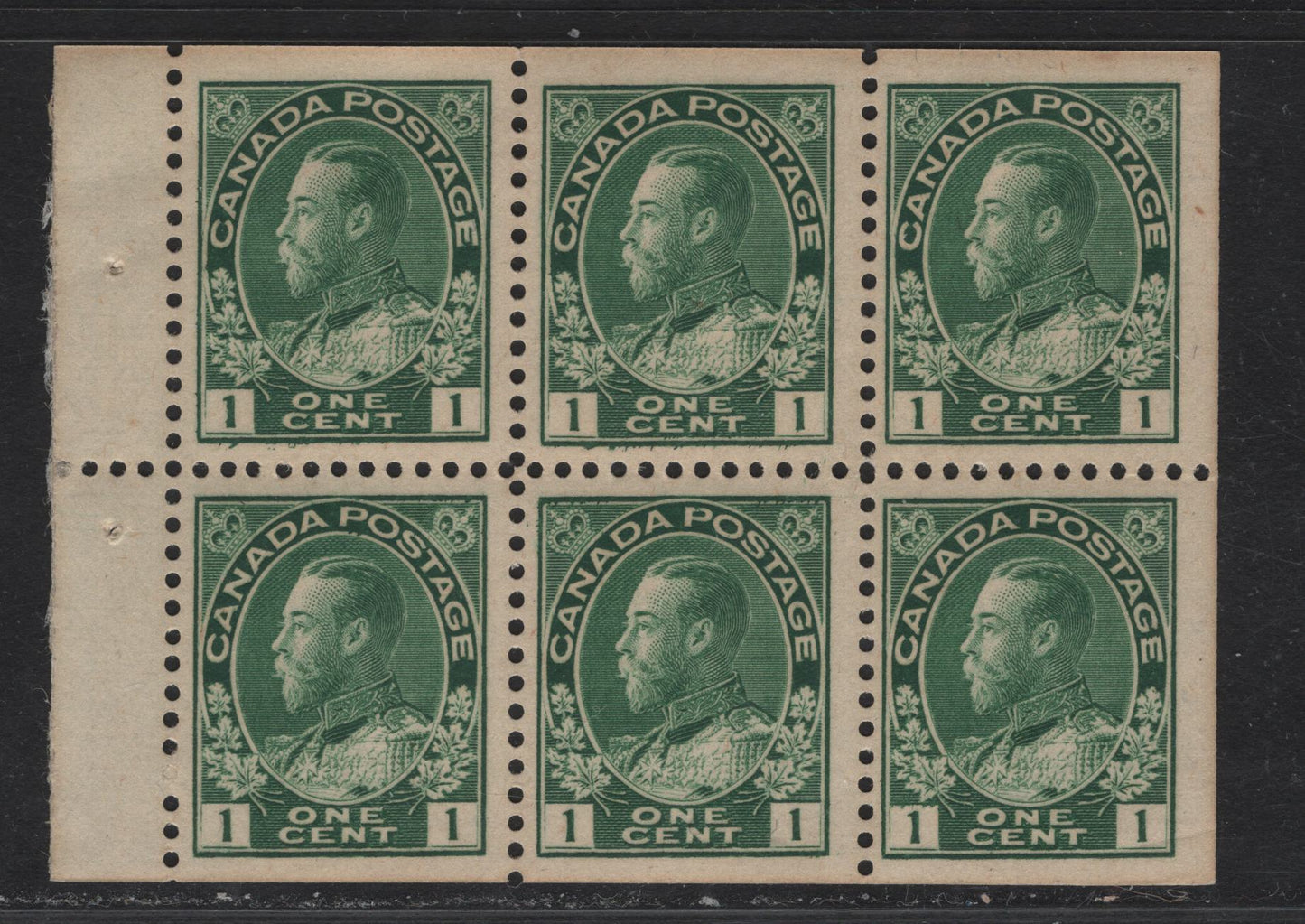 Lot 76 (C) Canada  #104a 1c Deep Bright Green King George V, 1911-1925 Admiral Issue, A VFNH Booklet Pane Of 6, Paper ABN-E, Perf 11.9