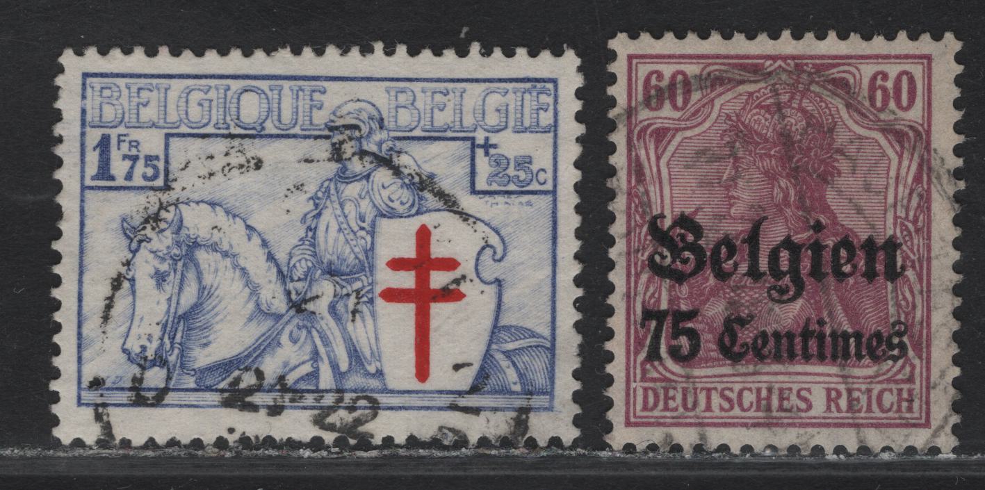 Lot 8 Belgium SC#B161, N6 1.75fr + 25c - 75c on 60pf Ultramarine & Red - Magenta Germania - Knight, 1914-1934 German Occupation of Belgium Germania - Anti-Tuberculosis Issues, 2 Very Fine Used Singles, The 75c on 60pf Is A Wartime Printing