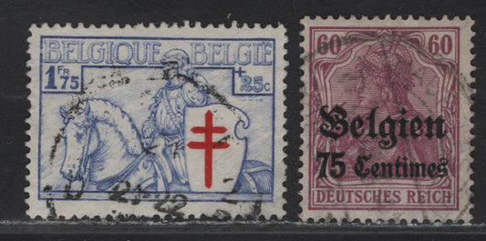 Lot 8 Belgium SC#B161, N6 1.75fr + 25c - 75c on 60pf Ultramarine & Red - Magenta Germania - Knight, 1914-1934 German Occupation of Belgium Germania - Anti-Tuberculosis Issues, 2 Very Fine Used Singles, The 75c on 60pf Is A Wartime Printing