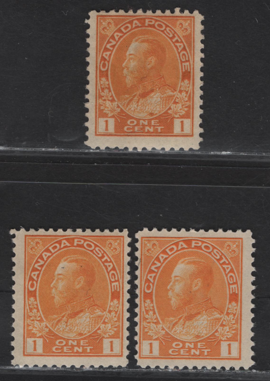 Lot 83 (C) Canada  #105, 105i, 105f 1c Dull Yellow Orange & Bright Orange Yellow King George V, 1911-1925 Admiral Issue, 3 FOG Singles, Wet & Dry Printings, Die 1, Papers ABN-E & ABN-ZZZ, Perfs 12 & 11.9x12.