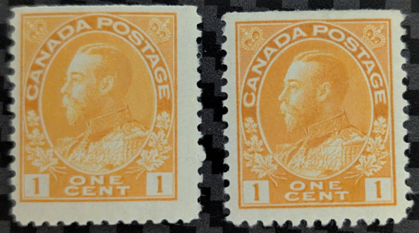 Lot 83A (C) Canada  #105d, 105f 1c Bright Orange Yellow & Orange Yellow King George V, 1911-1925 Admiral Issue, 2 F/VFOG Upper Sheet Margin Singles, Dry Printings, Dies 1 & 2, Paper ABN-RRR, Perf 11.9x12.