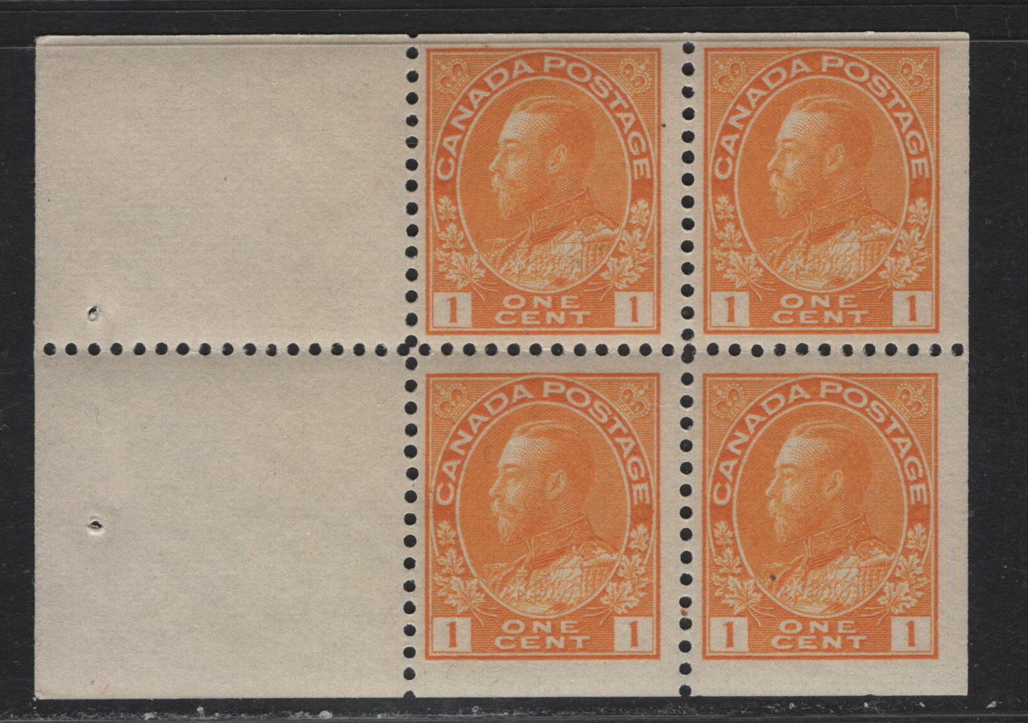 Lot 85 (C) Canada  #105a 1c Bright Orange Yellow King George V, 1911-1925 Admiral Issue, A FOG Booklet Pane Of 4 + 2 Labels, Wet Printing, Die 1, Paper ABN-B, Perf 11.9.