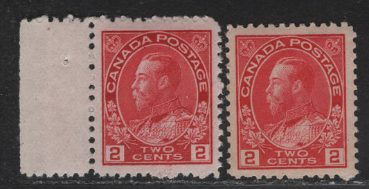 Lot 88 (C) Canada  #106ii 2c Rose Red & Deep Bright Rose Red King George V, 1911-1925 Admiral Issue, 2 VFOG Singles, Papers ABN-B & ABN-E, Retouched Frameline, Perfs 11.9 & 12x11.9.