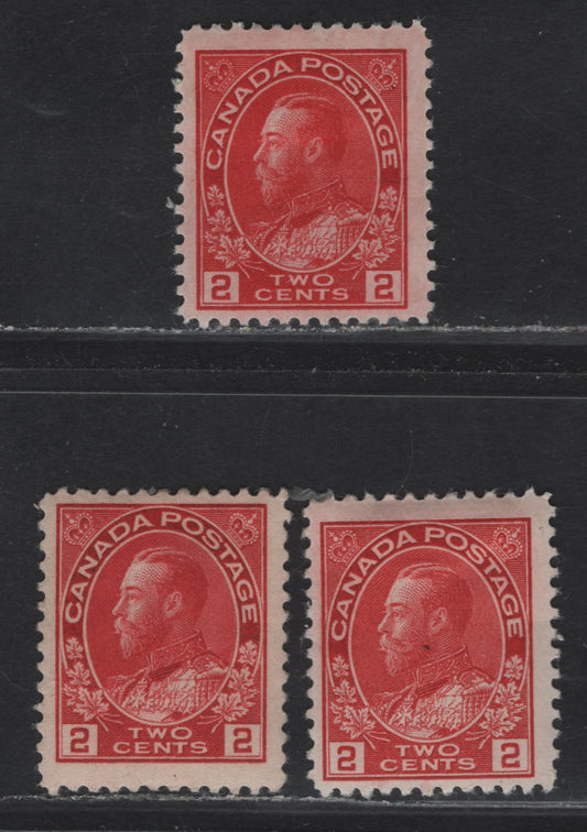 Lot 97 (C) Canada  #106vii, 106 2c Red, Carmine Red & Bright Carmine Red King George V, 1911-1925 Admiral Issue, 3 FOG Singles, Paper ABN-E, Retouched Framelines, Perfs 11.9 & 12x11.8.