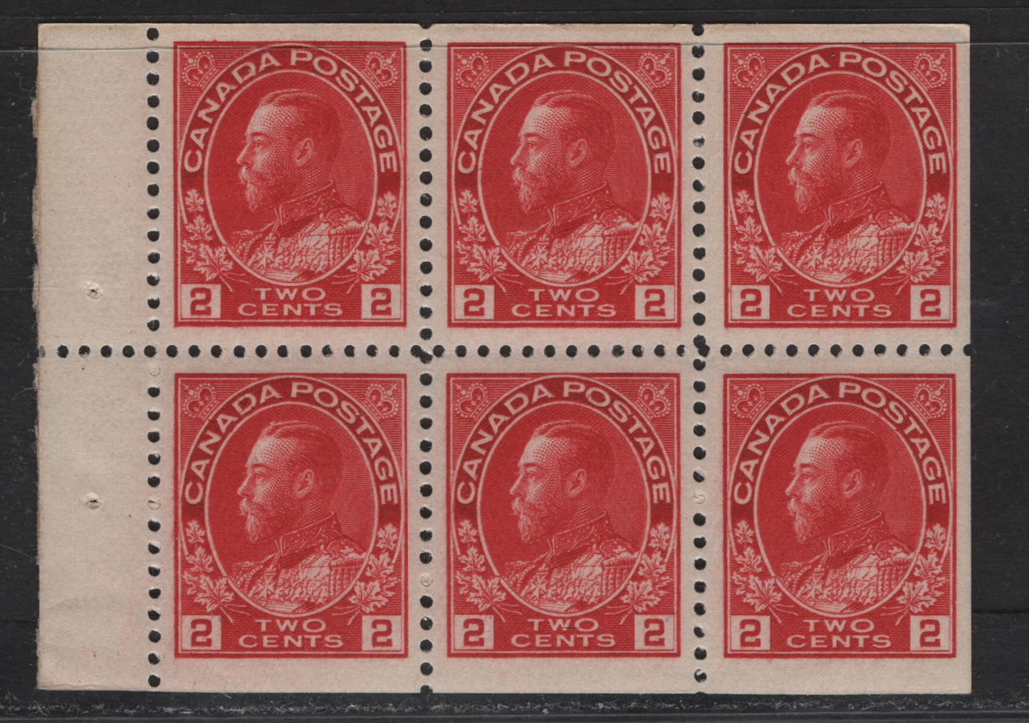 Lot 99 (C) Canada  #106avs 2c Bright Carmine Red King George V, 1911-1925 Admiral Issue, A VFNH Booklet Pane Of 6, Paper ABN-B, Retouched Frameline, Perf 11.8x11.85.
