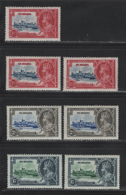 Lot 100 St Helena SG#124-126 1.5d - 6d Deep Blue & Carmine - Green & Indigo KGV & Windsor Castle, 1935 Silver Jubilee Issue, 7 VFOG Singles, Shade Lot Showing Subtle Variations In Both Frame & Vignette Shades