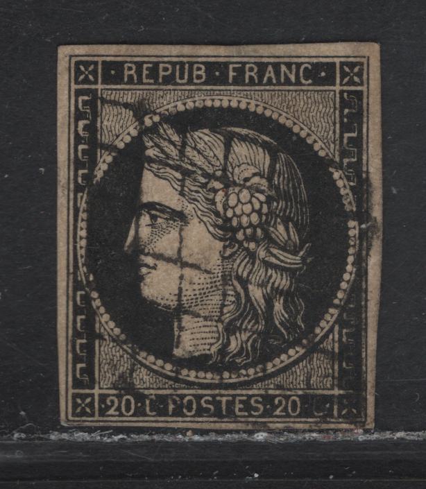 Lot 1 France #3b 20c Black on Buff Ceres, 1849-1850 Ceres Heads Imperf Issue, A Fine Used Imperf Single, 4 Clear But Close Margins, Full Margins On This Issue On 3/4mm