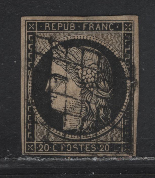 Lot 1 France #3b 20c Black on Buff Ceres, 1849-1850 Ceres Heads Imperf Issue, A Fine Used Imperf Single, 4 Clear But Close Margins, Full Margins On This Issue On 3/4mm