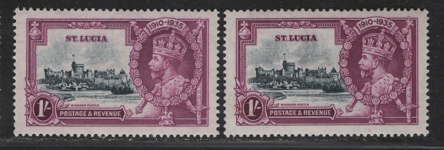 St. Lucia SG#112var 1/- Pale Slate & Bright Milky Rose Purple - Slate & Rose Purple KGV & Windsor Castle, 1935 Silver Jubilee Issue, 2 VFOG Singles, Different Shades Than Lots 110 & 111