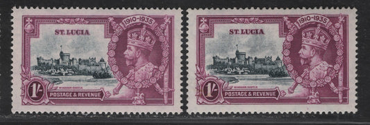 St. Lucia SG#112var 1/- Pale Slate & Bright Milky Rose Purple - Slate & Rose Purple KGV & Windsor Castle, 1935 Silver Jubilee Issue, 2 VFOG Singles, Different Shades Than Lots 110 & 111