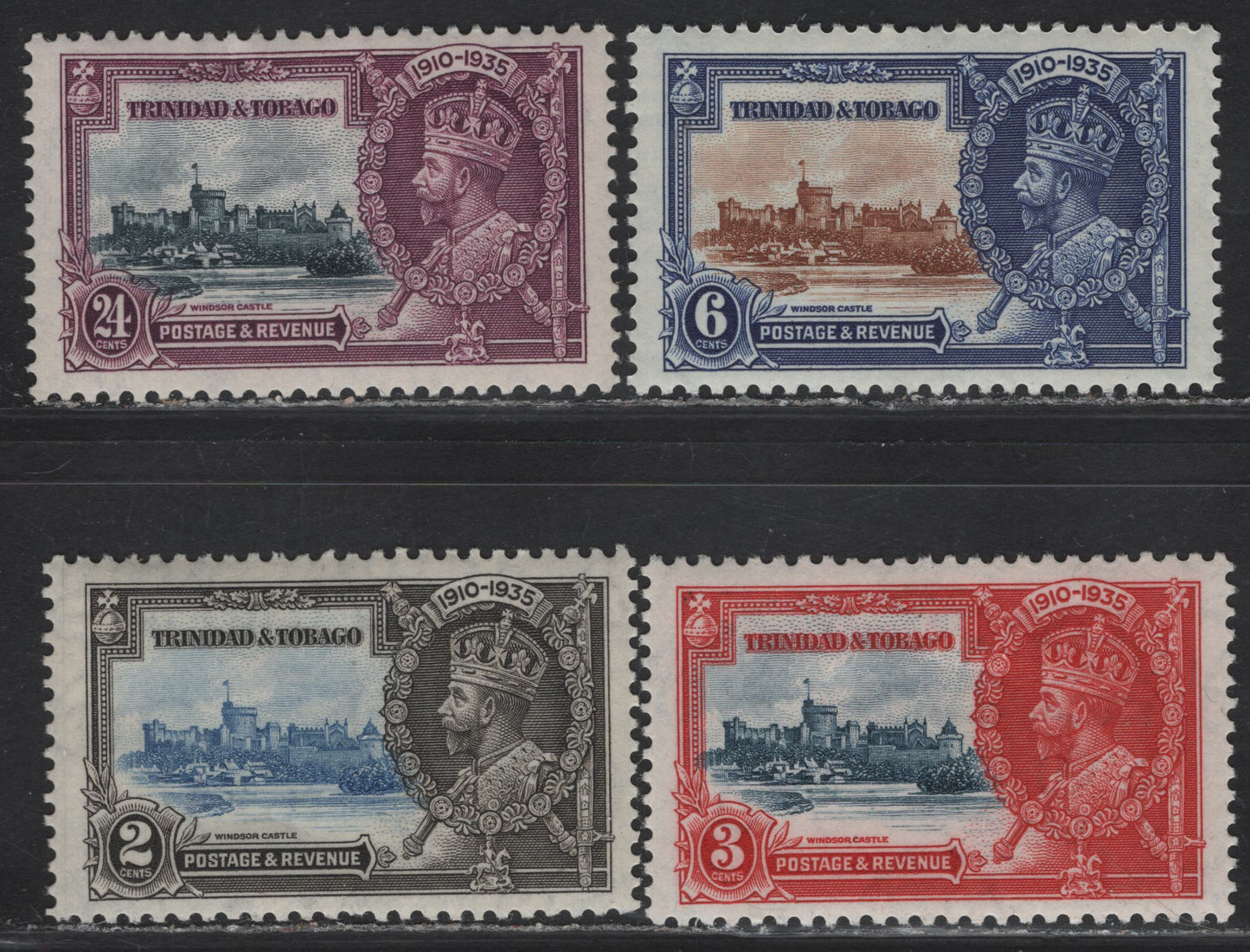 Trinidad & Tobago SG#239-242 2c - 24c Ultramarine & Gray Black - Slate & Purple KGV & Windsor Castle, 1935 Silver Jubilee Issue, 4 VFOG Singles, Well Centered Hinged Set