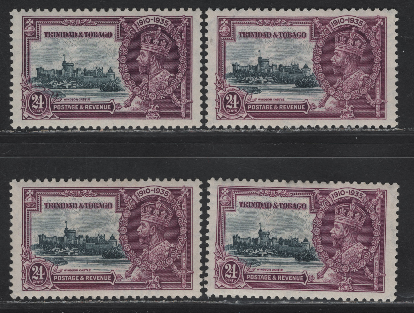 Lot 134 Trinidad & Tobago SG#242 24c Slate & purple KGV & Windsor Castle, 1935 Silver Jubilee Issue, 4 VFOG Singles, 4 Different Shades Of Frame & Vignette, Different From Those Included In 133