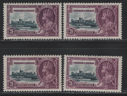 Lot 134 Trinidad & Tobago SG#242 24c Slate & purple KGV & Windsor Castle, 1935 Silver Jubilee Issue, 4 VFOG Singles, 4 Different Shades Of Frame & Vignette, Different From Those Included In 133