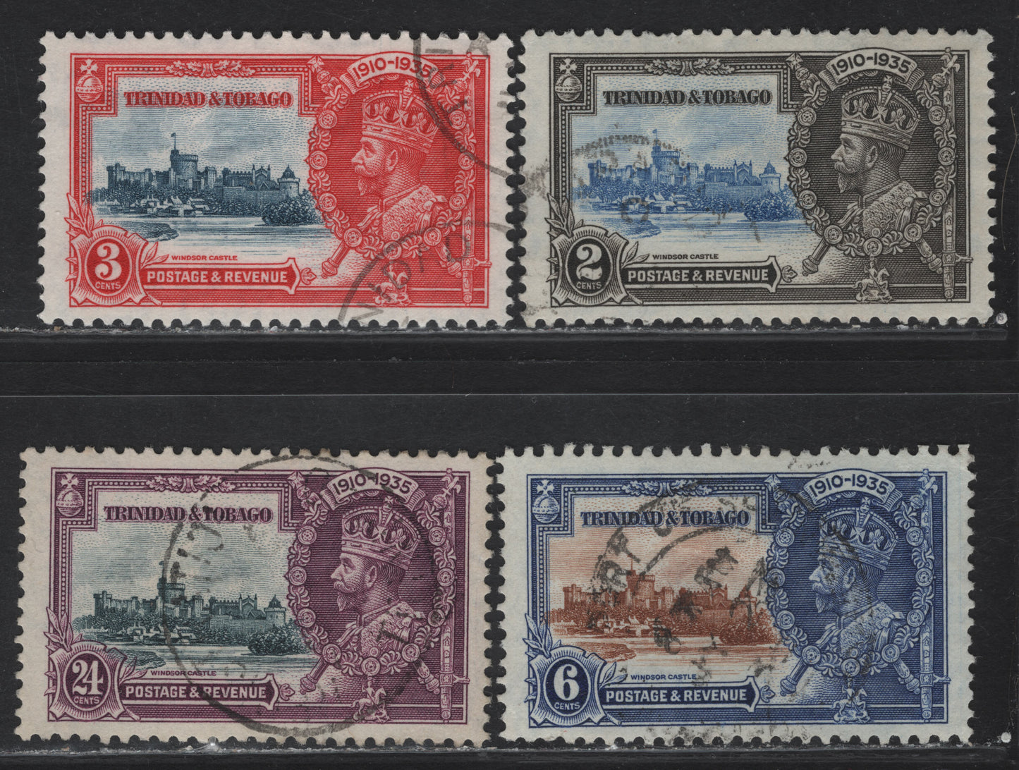 Lot 135 Trinidad & Tobago SG#239-242 2c - 24c Ultramarine & Gray Black - Slate & Purple KGV & Windsor Castle, 1935 Silver Jubilee Issue, 4 Very Fine Used Singles