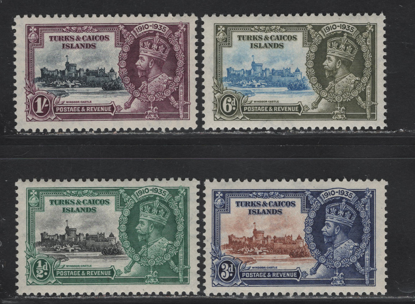 Lot 143 (C) Turks & Caicos SG#187-190 1/2d - 1/- Black & Green - Slate & Purple KGV & Windsor Castle, 1935 Silver Jubilee Issue, 4 VFNH Singles