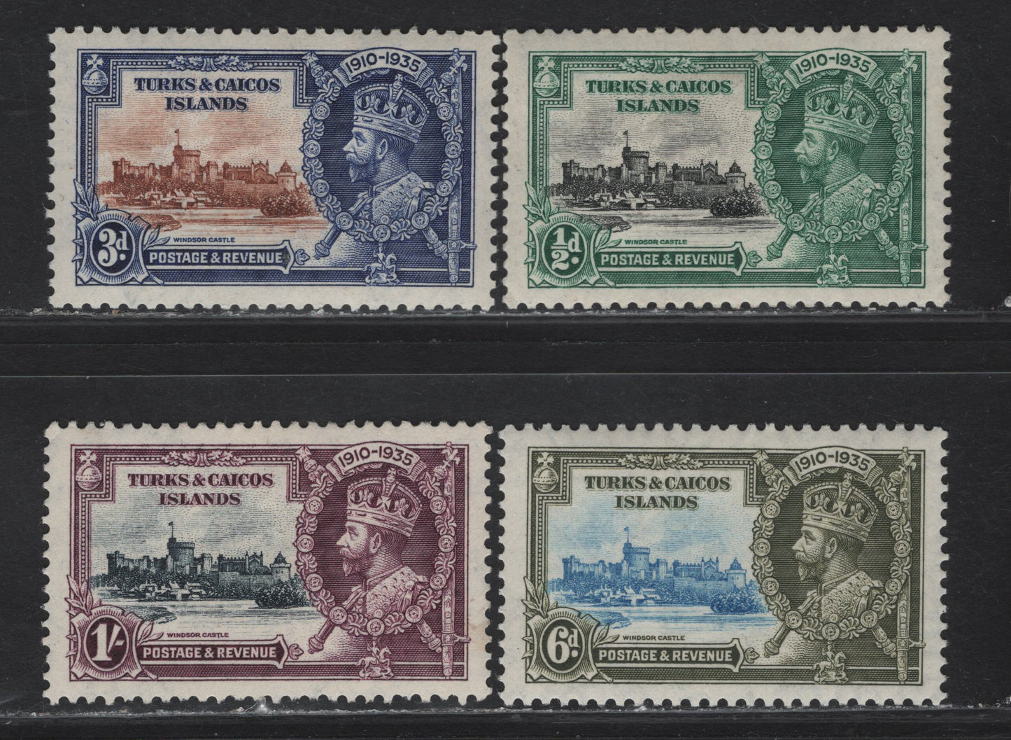 Turks & Caicos SG#187-190 1/2d - 1/- Black & Green - Slate & Purple KGV & Windsor Castle, 1935 Silver Jubilee Issue, 4 VFOG Singles