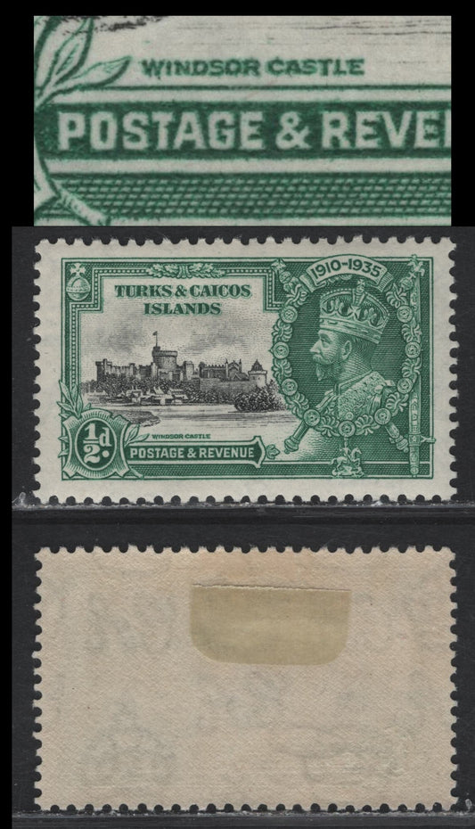 Lot 148 Turks & Caicos SG#187var 1/2d Black & Myrtle Green KGV & Windsor Castle, 1935 Silver Jubilee Issue, A VFOG Single, Re-Entry, Showing Doubling Of 'Windsor Castle' And 'Postage & Rev"