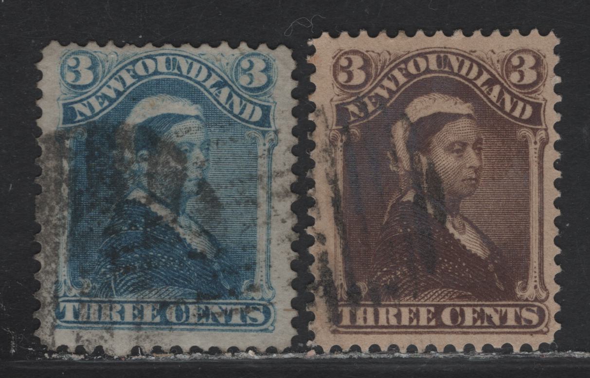 Lot 163 (C) Newfoundland #49, 51 3c Pale Blue - Umber Brown Queen Victoria, 1880-1896 4th Cents Issue, 2 Fine/Very Fine Used Singles, Papers Cents-HH & Cents-SS, Perfs 12.1x12.5 & 11.9x12.1