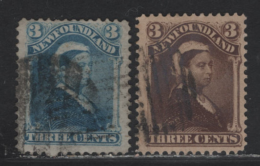 Lot 163 (C) Newfoundland #49, 51 3c Pale Blue - Umber Brown Queen Victoria, 1880-1896 4th Cents Issue, 2 Fine/Very Fine Used Singles, Papers Cents-HH & Cents-SS, Perfs 12.1x12.5 & 11.9x12.1