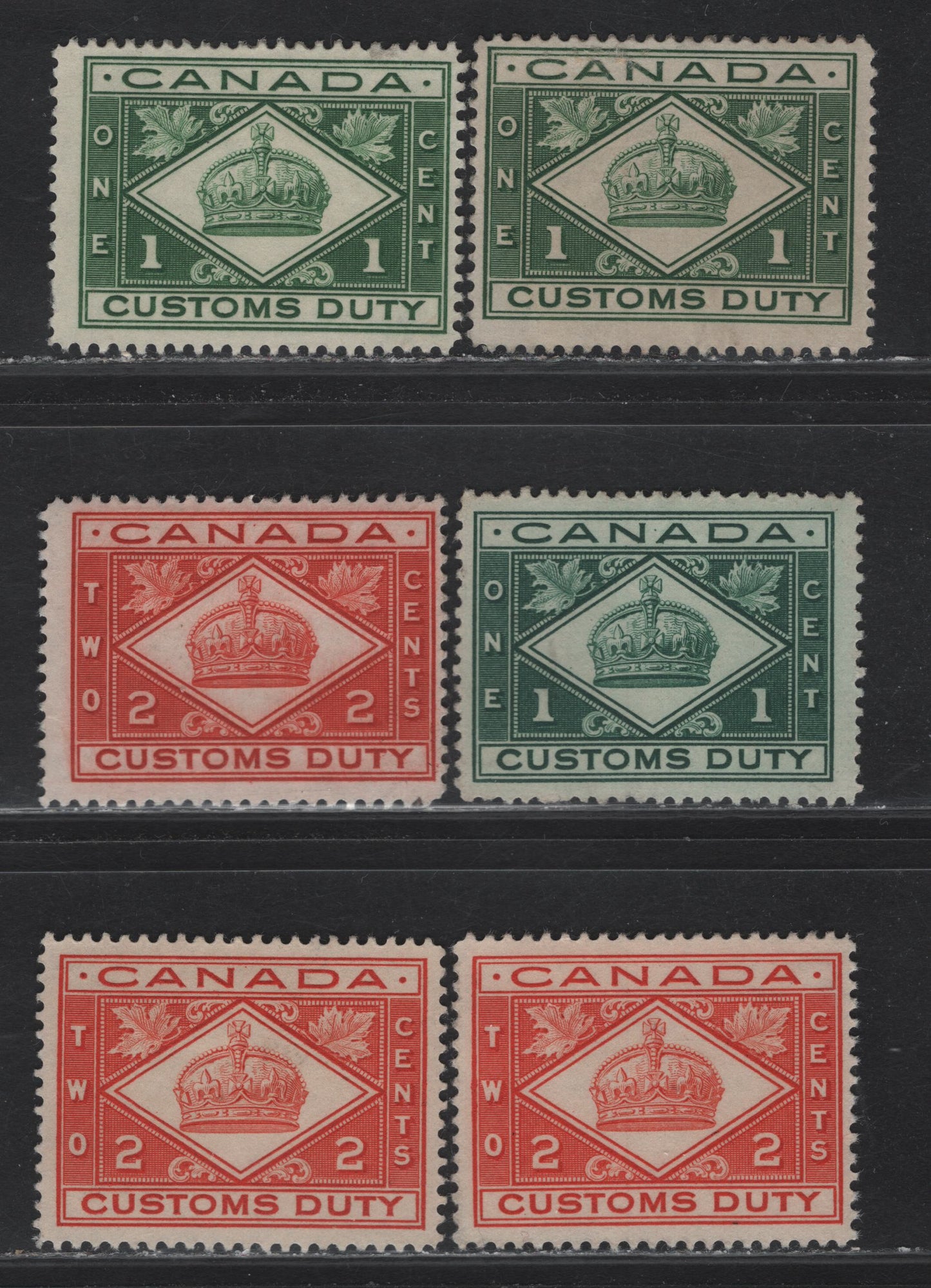Lot 165 (C) Canada Van Dam#FCD1-2 1c - 2c Green - Vermillion Numeral, 1915-1935 Customs Duty Issue, 6 Fine/Very Fine Unused Singles, Selection Of Wet & Dry Printings With Different Shades