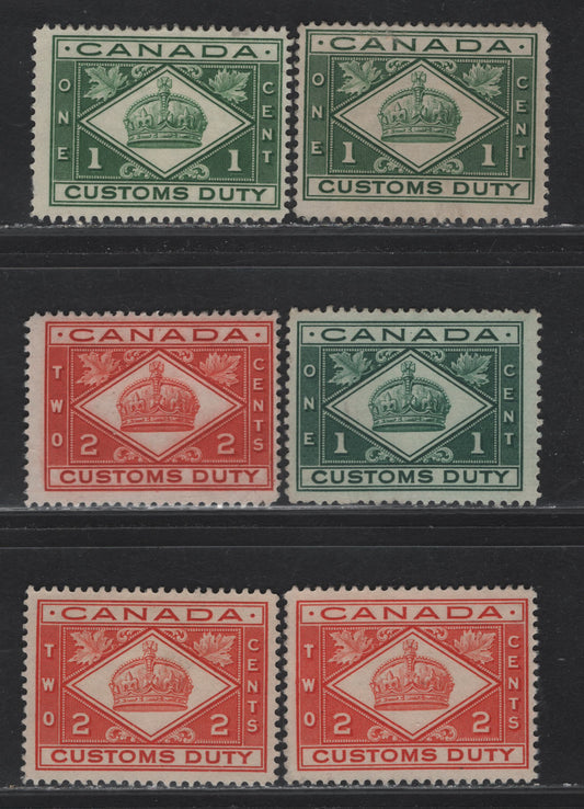 Lot 165 (C) Canada Van Dam#FCD1-2 1c - 2c Green - Vermillion Numeral, 1915-1935 Customs Duty Issue, 6 Fine/Very Fine Unused Singles, Selection Of Wet & Dry Printings With Different Shades