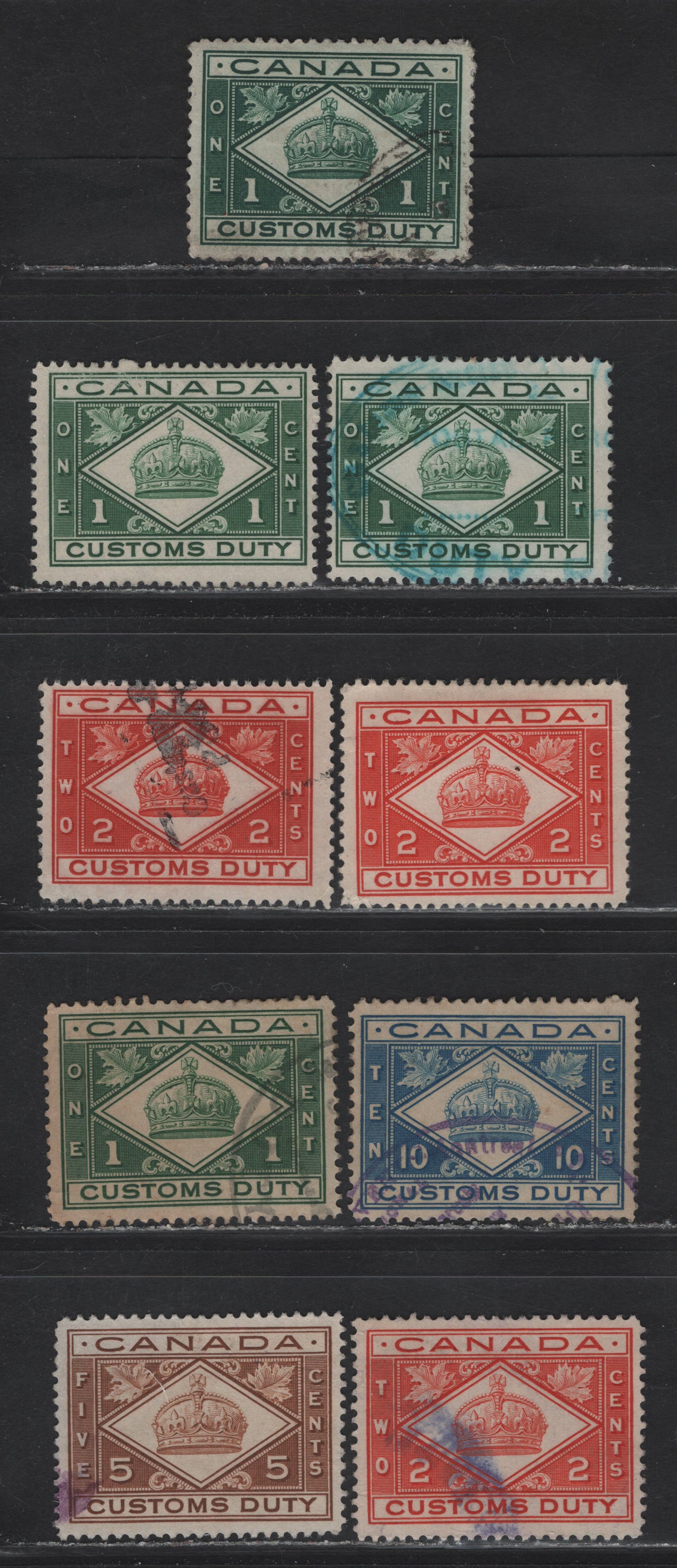 Lot 166 (C) Canada Van Dam#FCD1-4 1c - 10c Green - Blue Numeral, 1914-1935 Customs Duty Issue, 9 Fine/Very Fine Unused Singles, Selection of Wet & Dry Printings