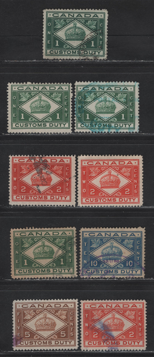 Lot 166 (C) Canada Van Dam#FCD1-4 1c - 10c Green - Blue Numeral, 1914-1935 Customs Duty Issue, 9 Fine/Very Fine Unused Singles, Selection of Wet & Dry Printings